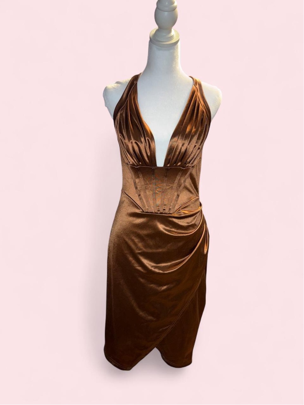 Brown Satin Plunge Halter Dress